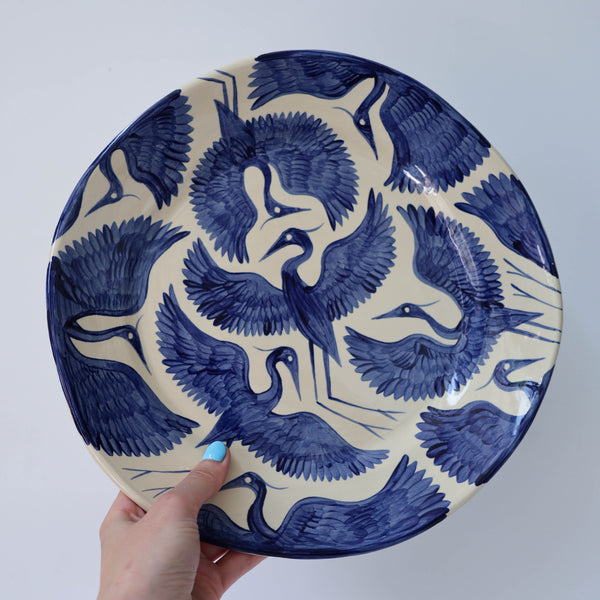 Hand Painted Herons Large Plate - Deep Blue