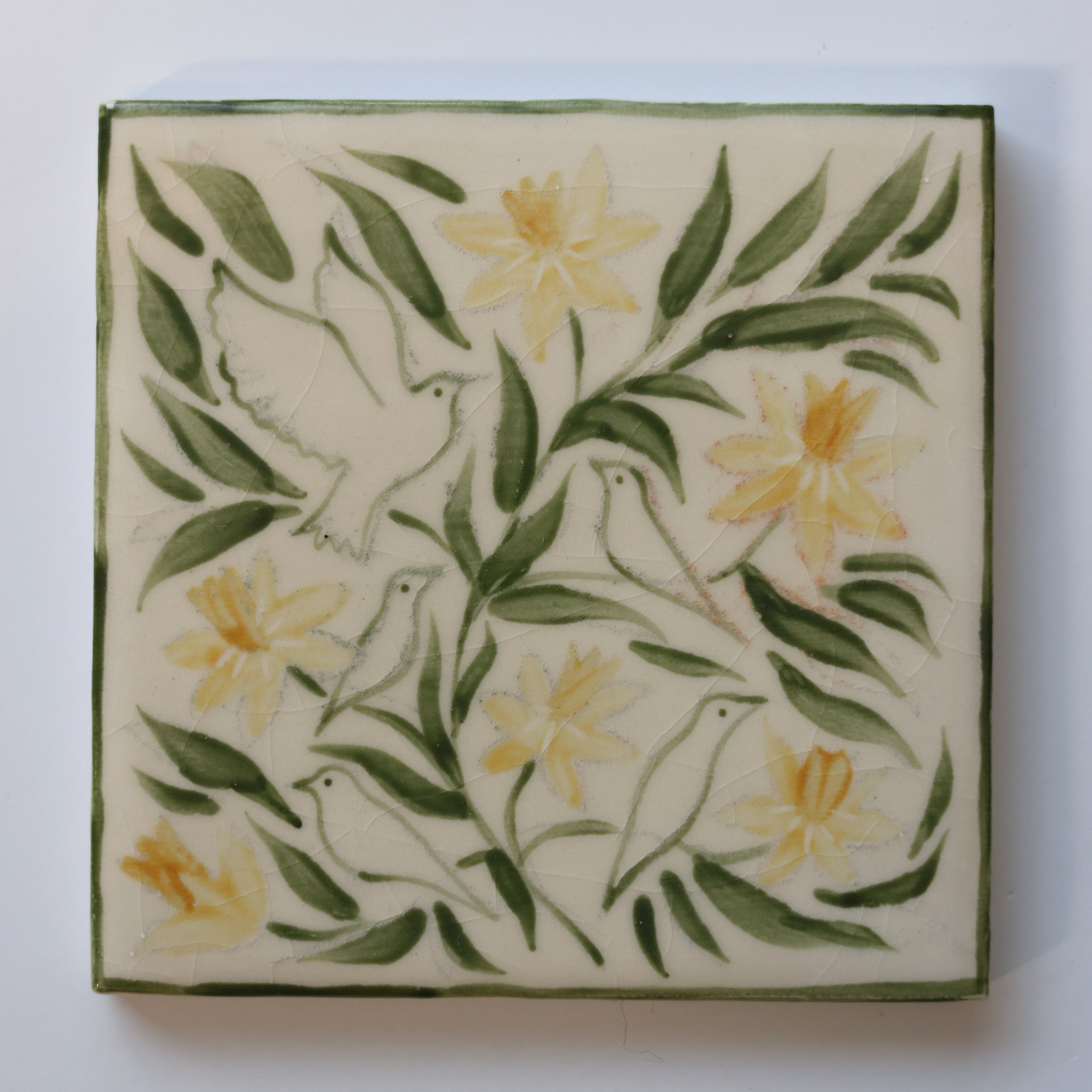One-of-a-Kind Hand-Painted Ceramic Tiles - Green & Yellow