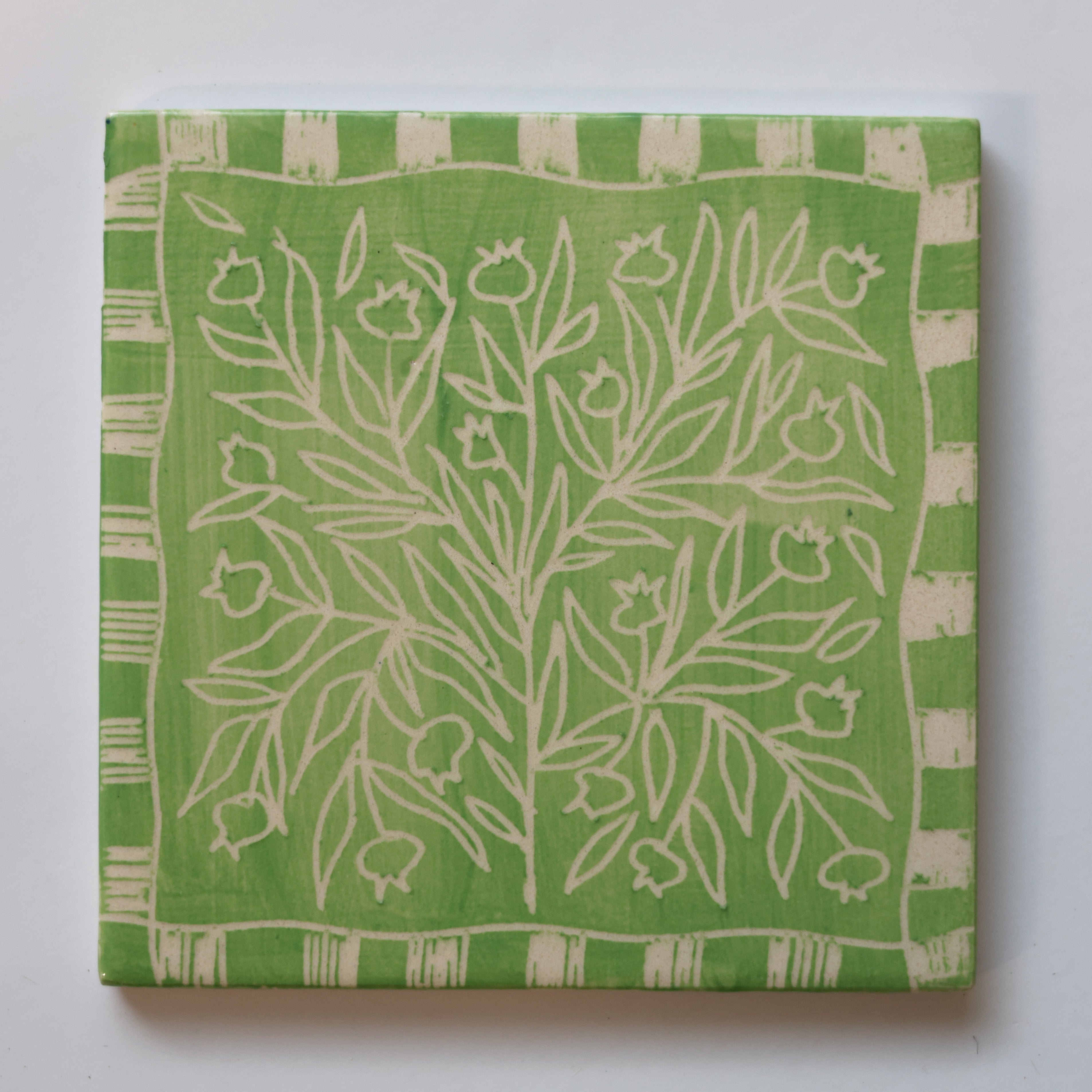 One-of-a-Kind Hand-Painted Ceramic Tiles - Green & Yellow