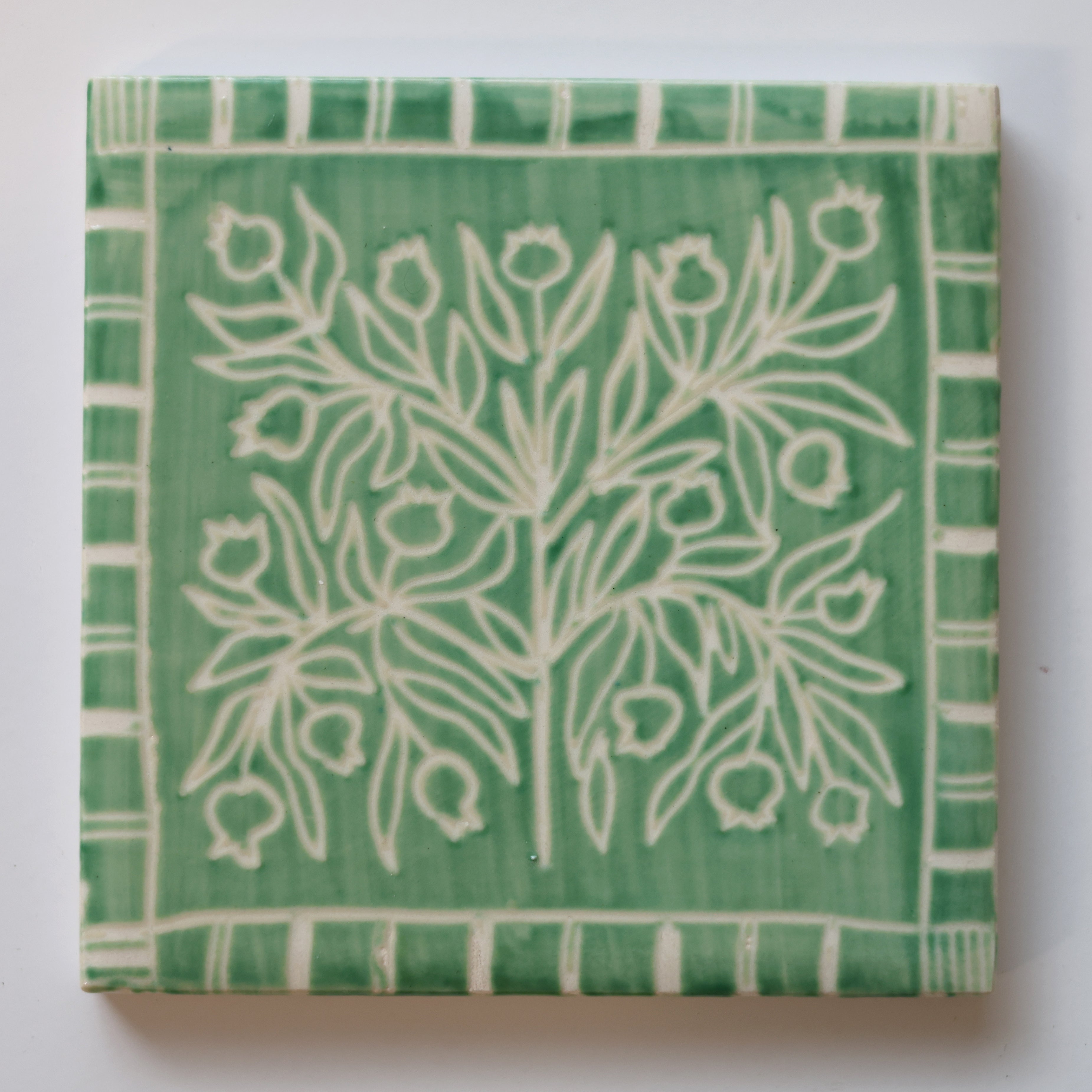 One-of-a-Kind Hand-Painted Ceramic Tiles - Green & Yellow