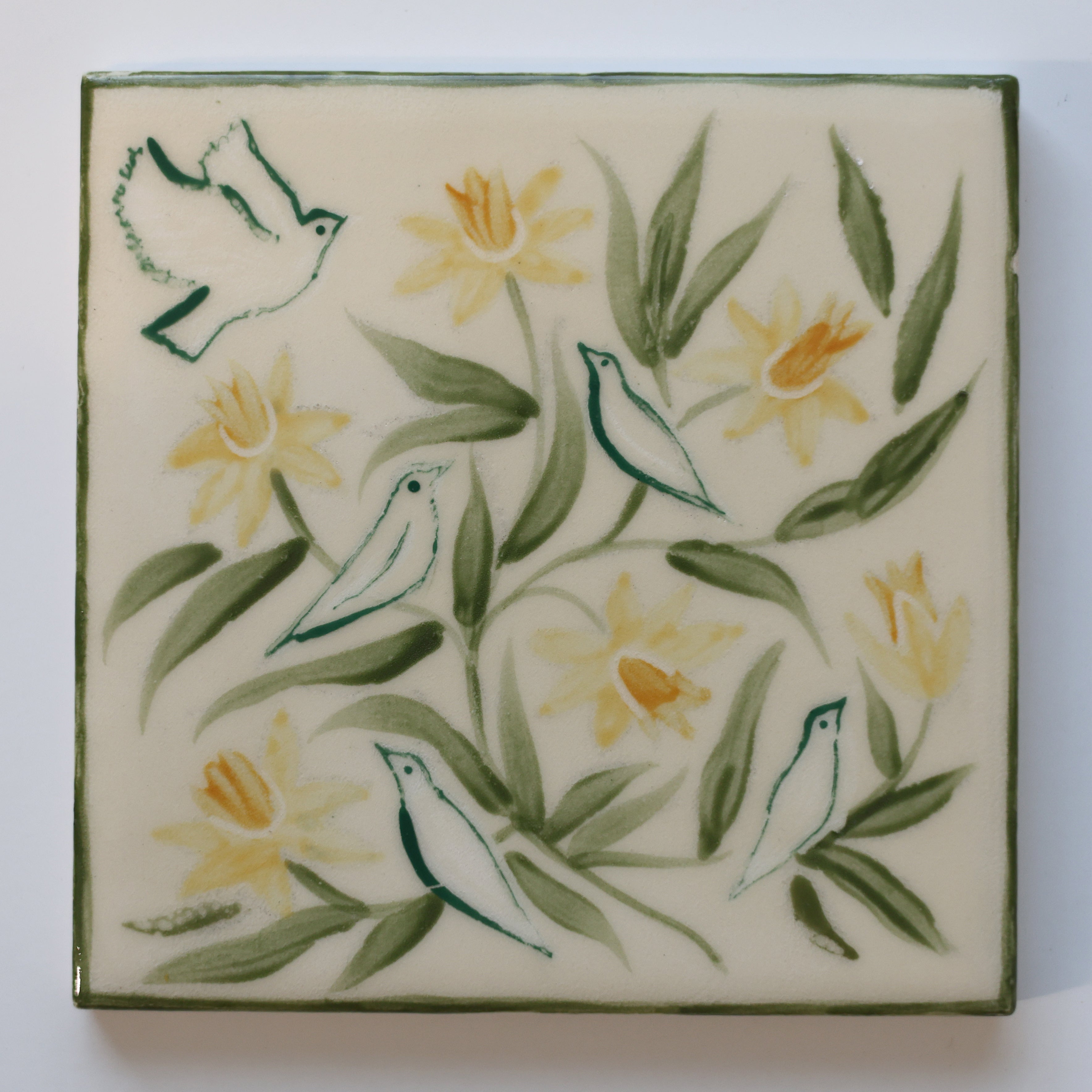 One-of-a-Kind Hand-Painted Ceramic Tiles - Green & Yellow