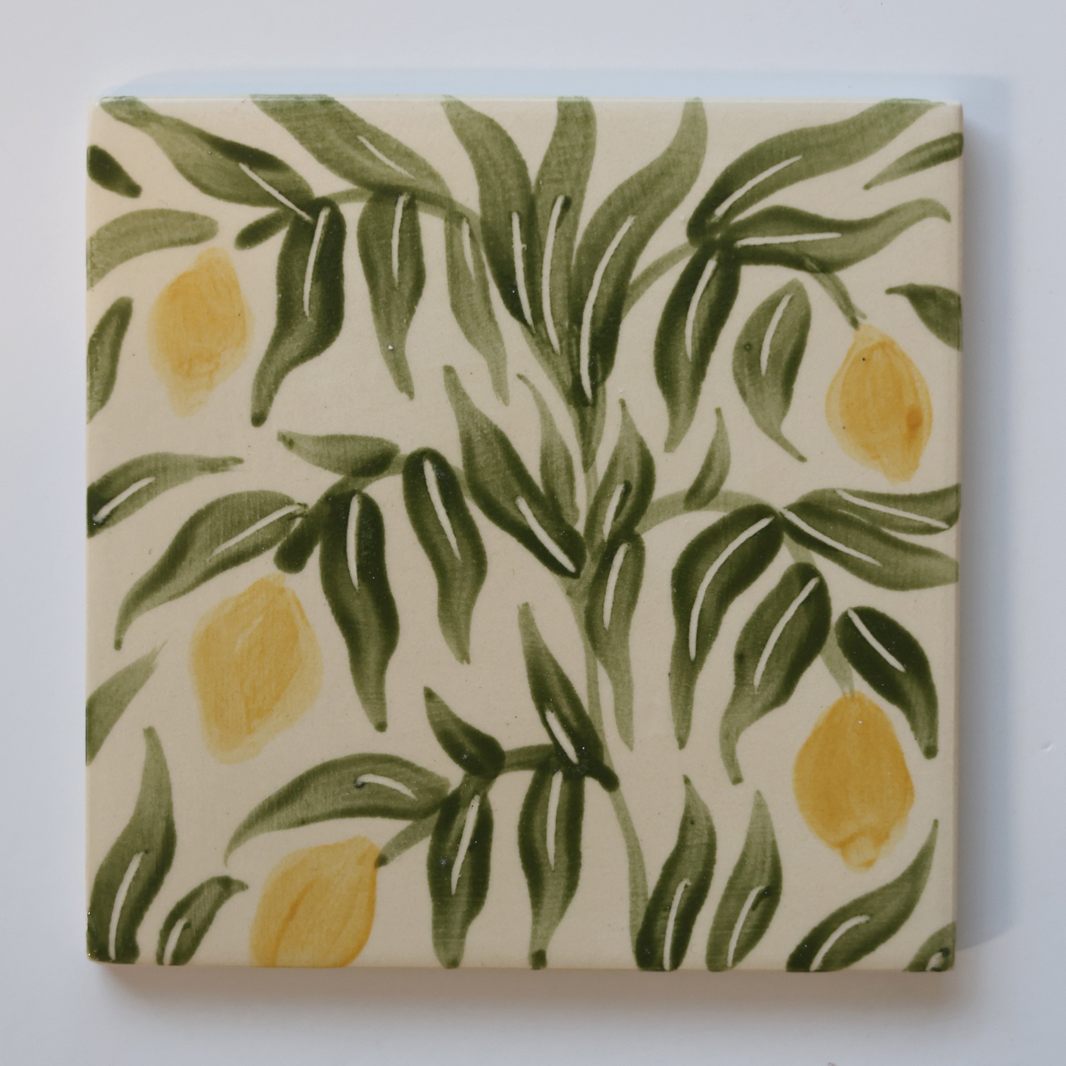 One-of-a-Kind Hand-Painted Ceramic Tiles - Green & Yellow