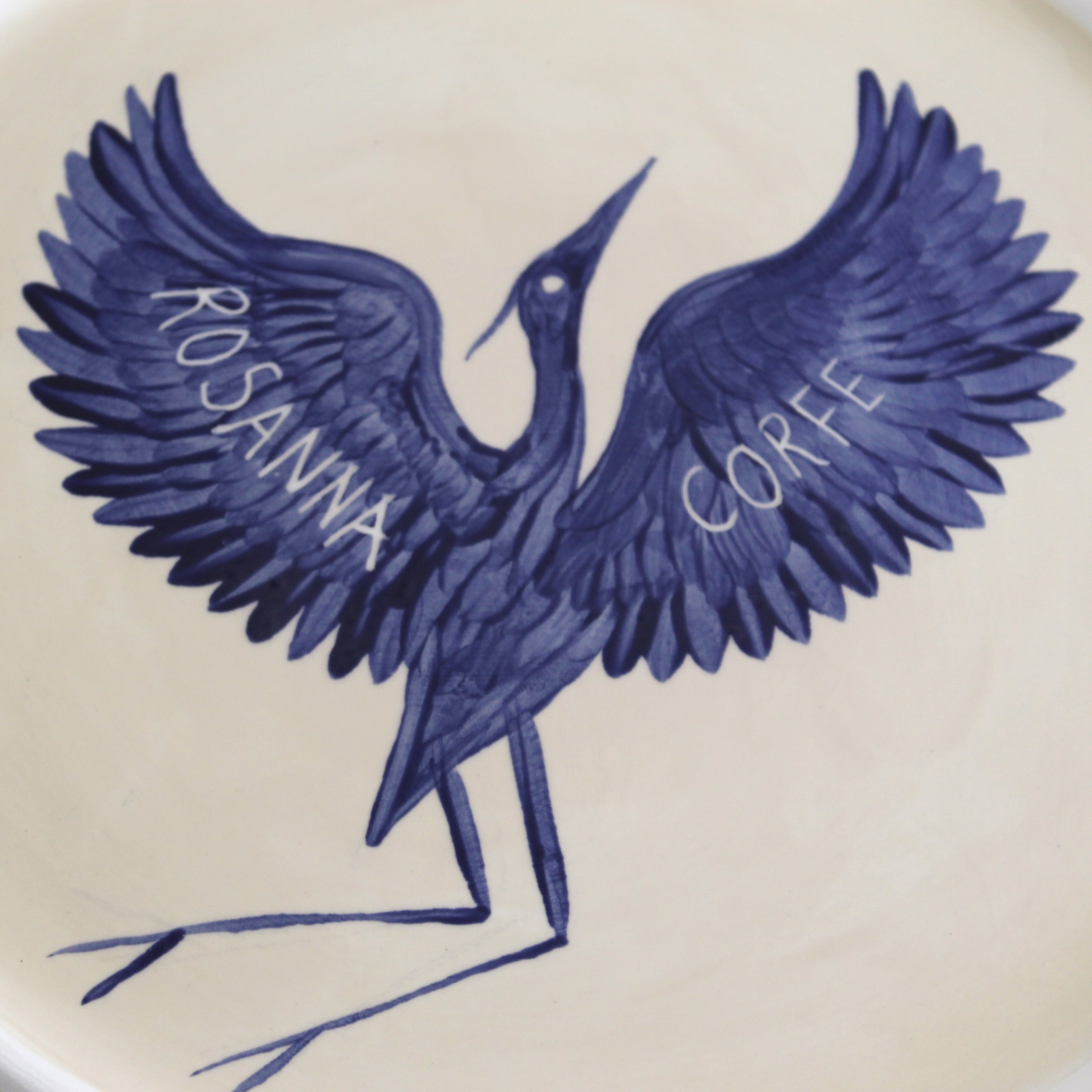 Hand Painted Xl Round Herons Round Platter - Deep Blue