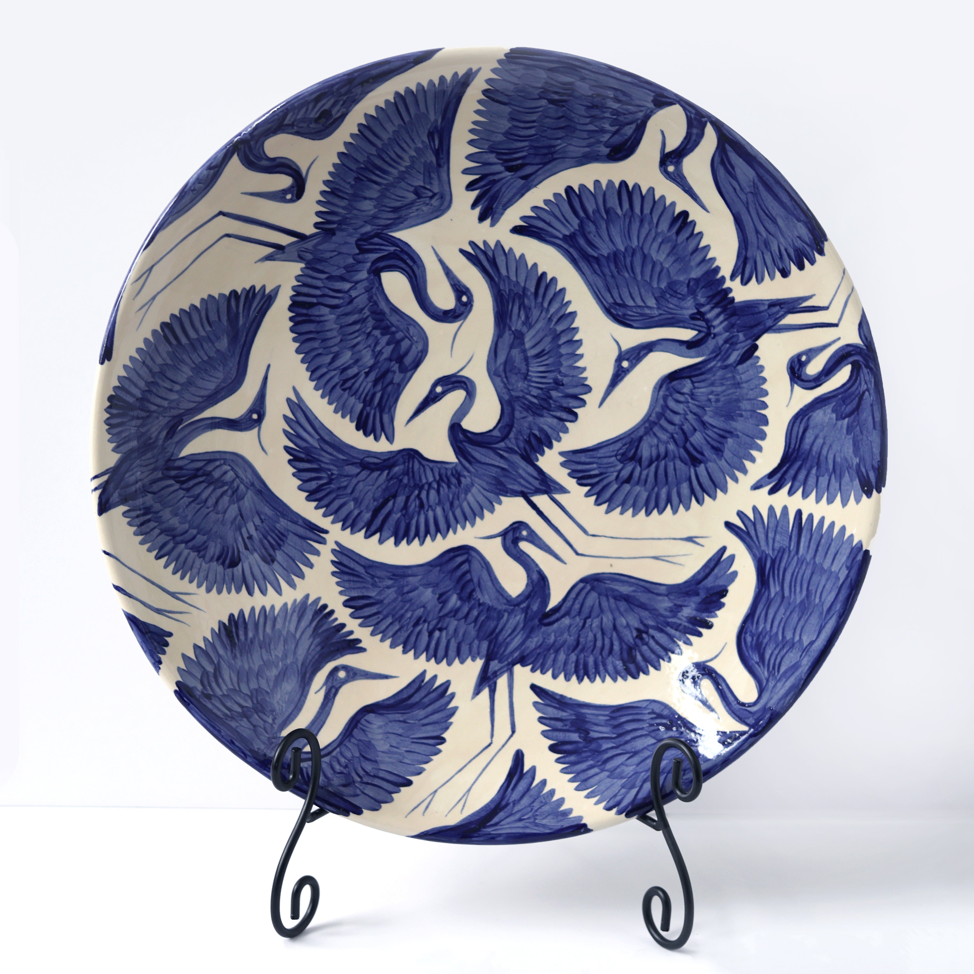 Hand Painted Xl Round Herons Round Platter - Deep Blue