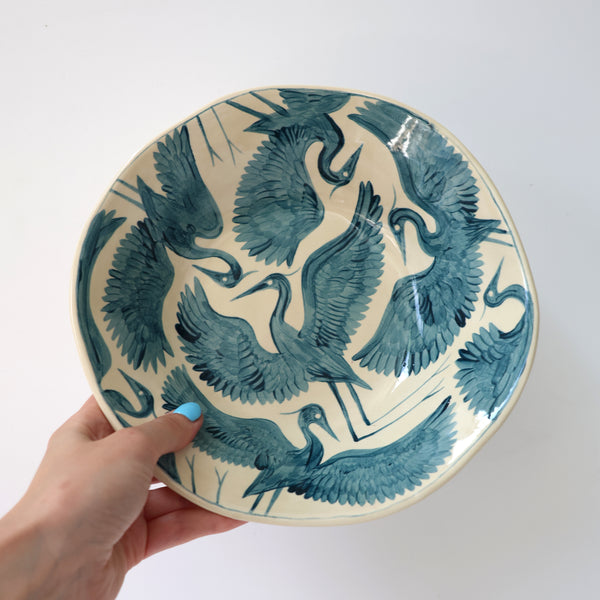 Hand Painted Herons Bowl - Deep Teal