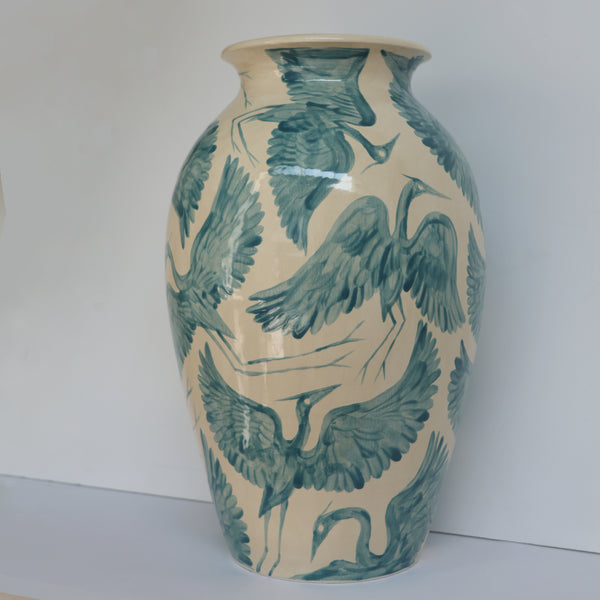 Seconds Sale - Hand Painted Herons X Large Vase - Teal