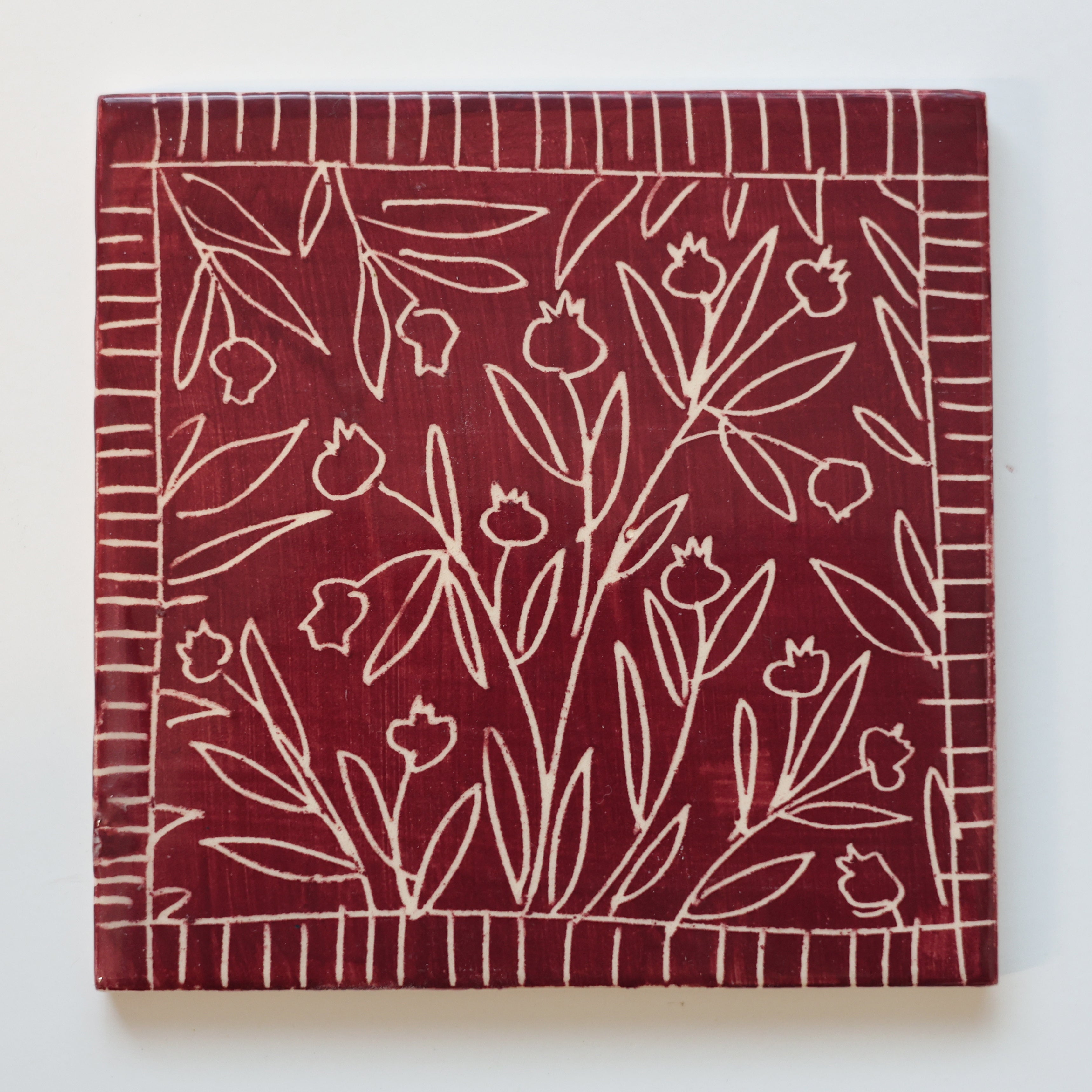 One-of-a-Kind Hand-Painted Ceramic Tiles - Red & Maroon