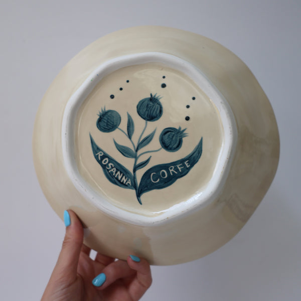 Hand Painted Pomegranate Bowl - Teal Blue 02