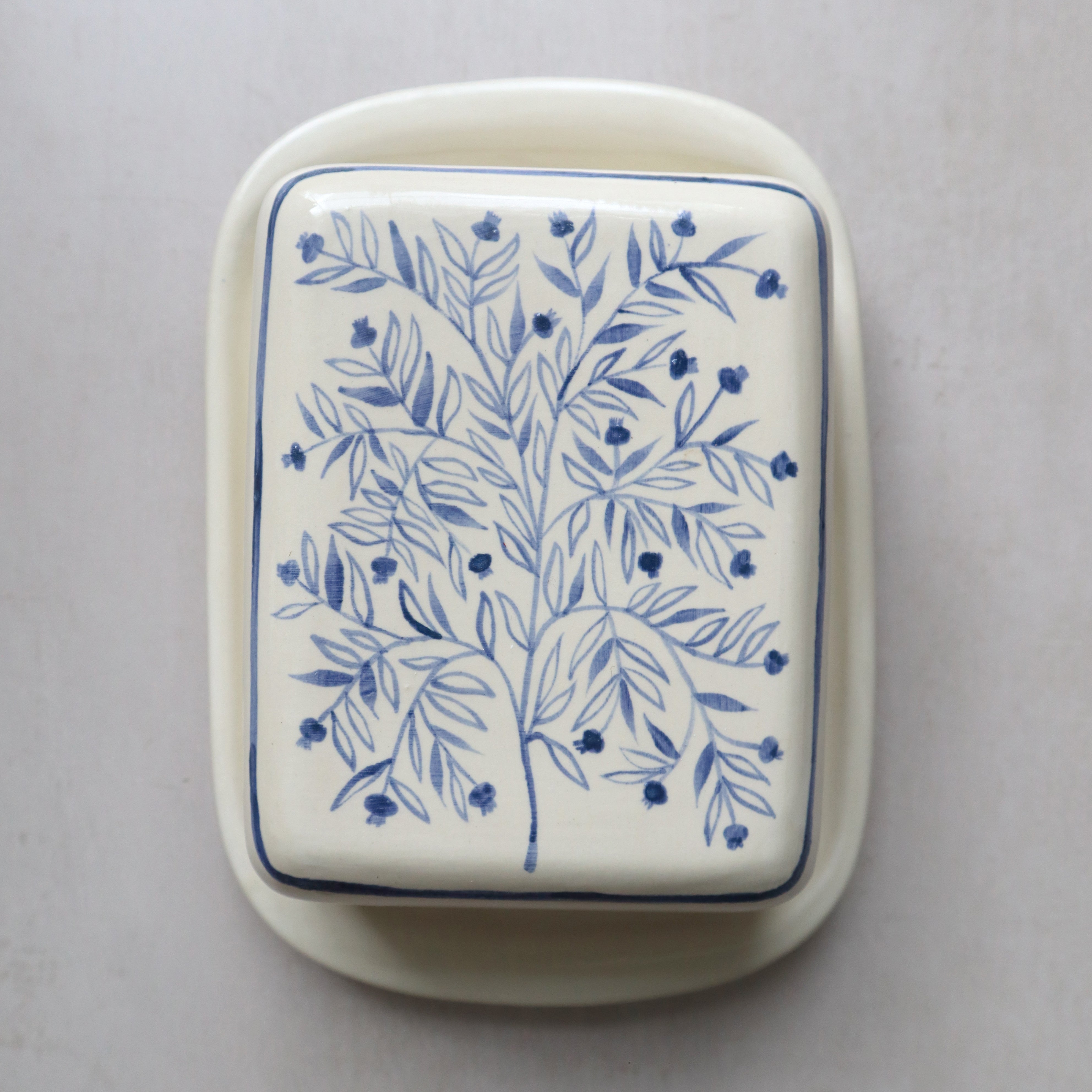 Hand Painted Pomegranate Tree Butter Dish - Blue