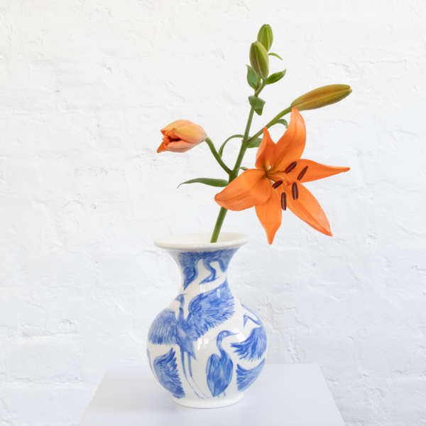 Seconds Sale - Hand Painted Herons Vase - Vibrant Blue