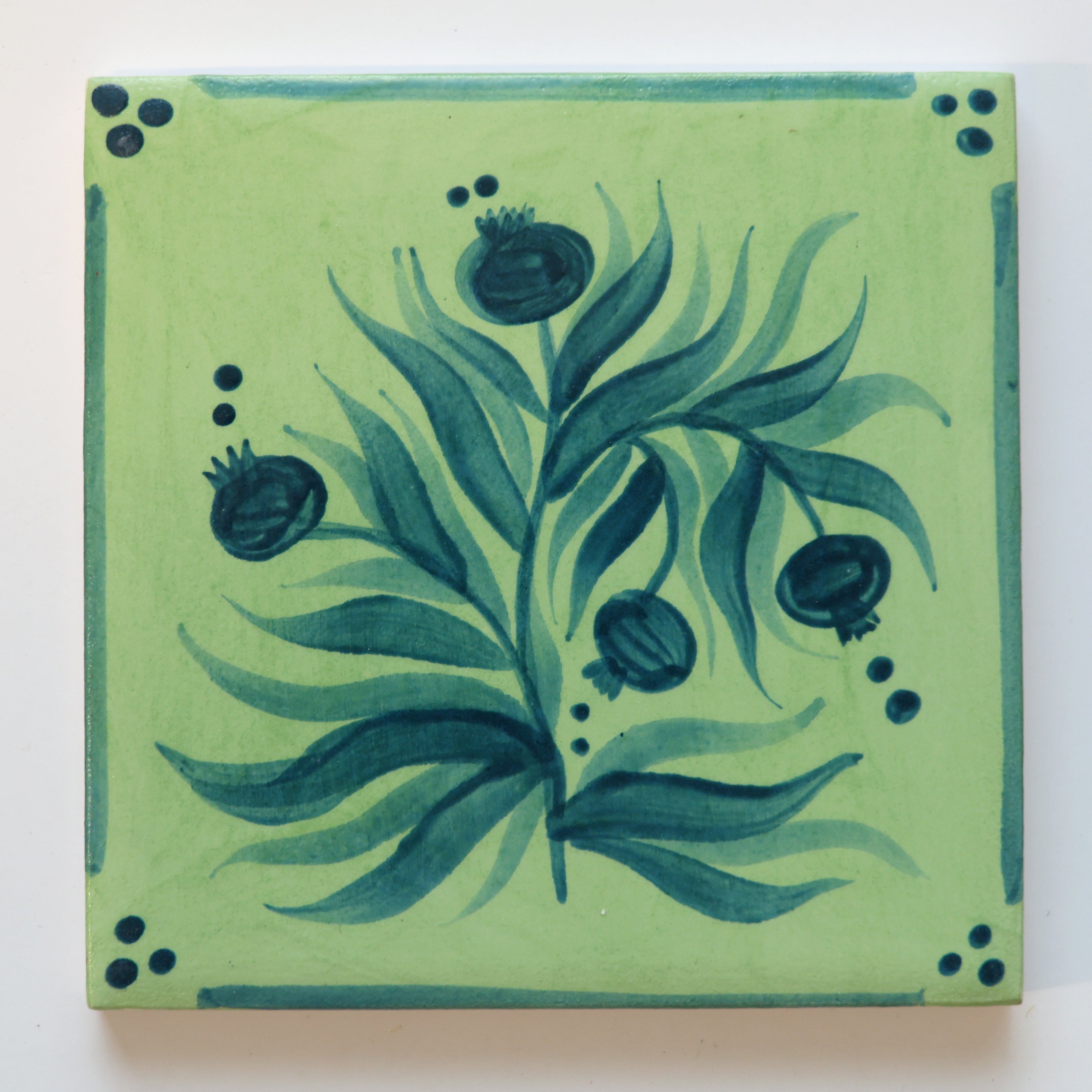 One-of-a-Kind Hand-Painted Ceramic Tiles - Green & Yellow