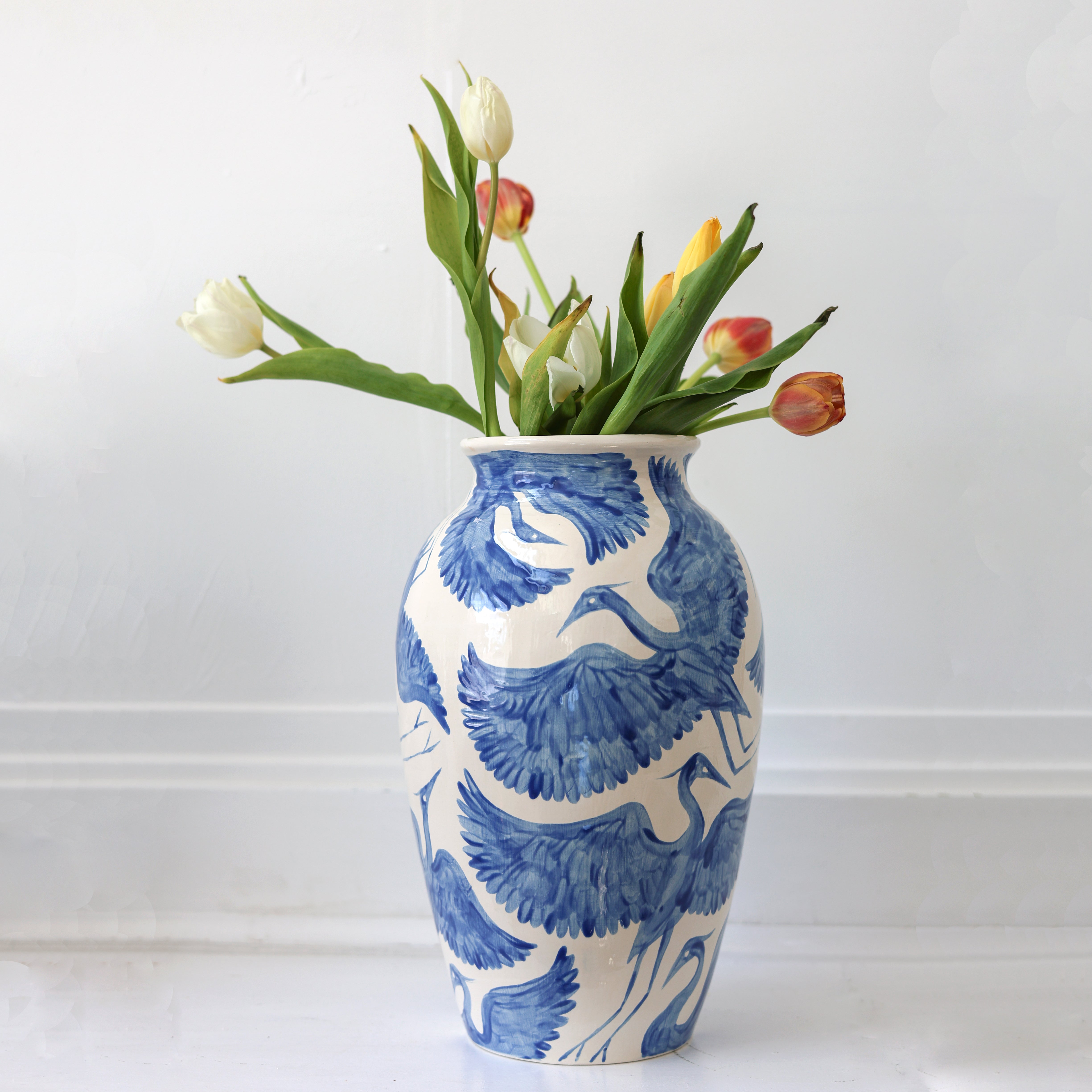XL Blue Herons Vase | Hand-Painted Ceramic Vase