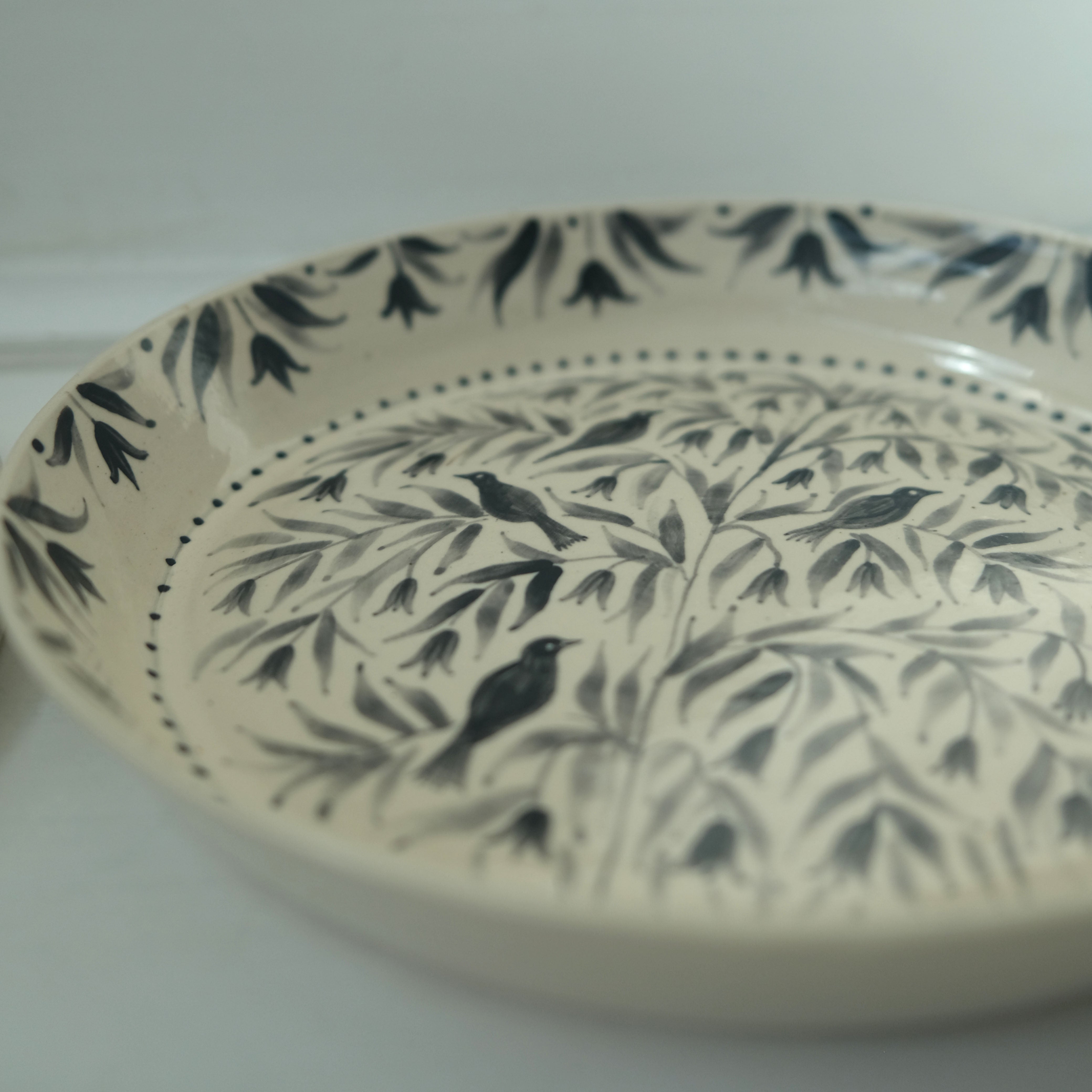 Hand Painted Blackbirds Stoneware Shallow Bowl