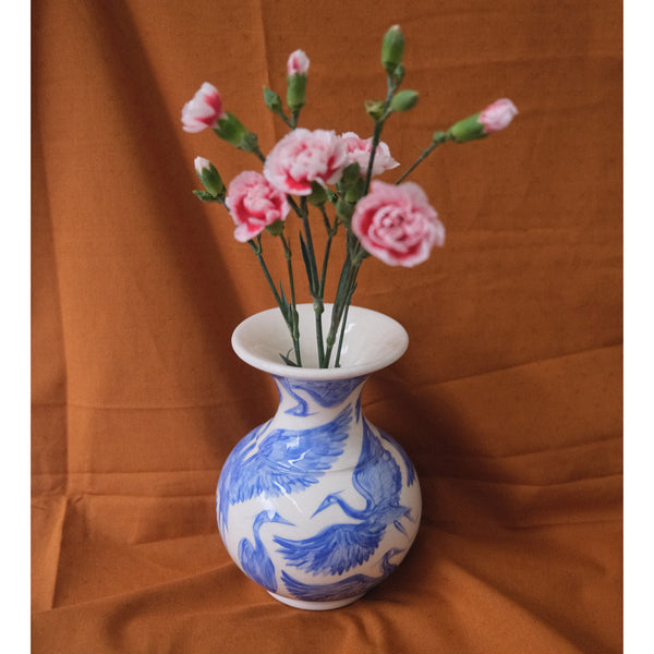 Seconds Sale - Hand Painted Herons Vase - Vibrant Blue