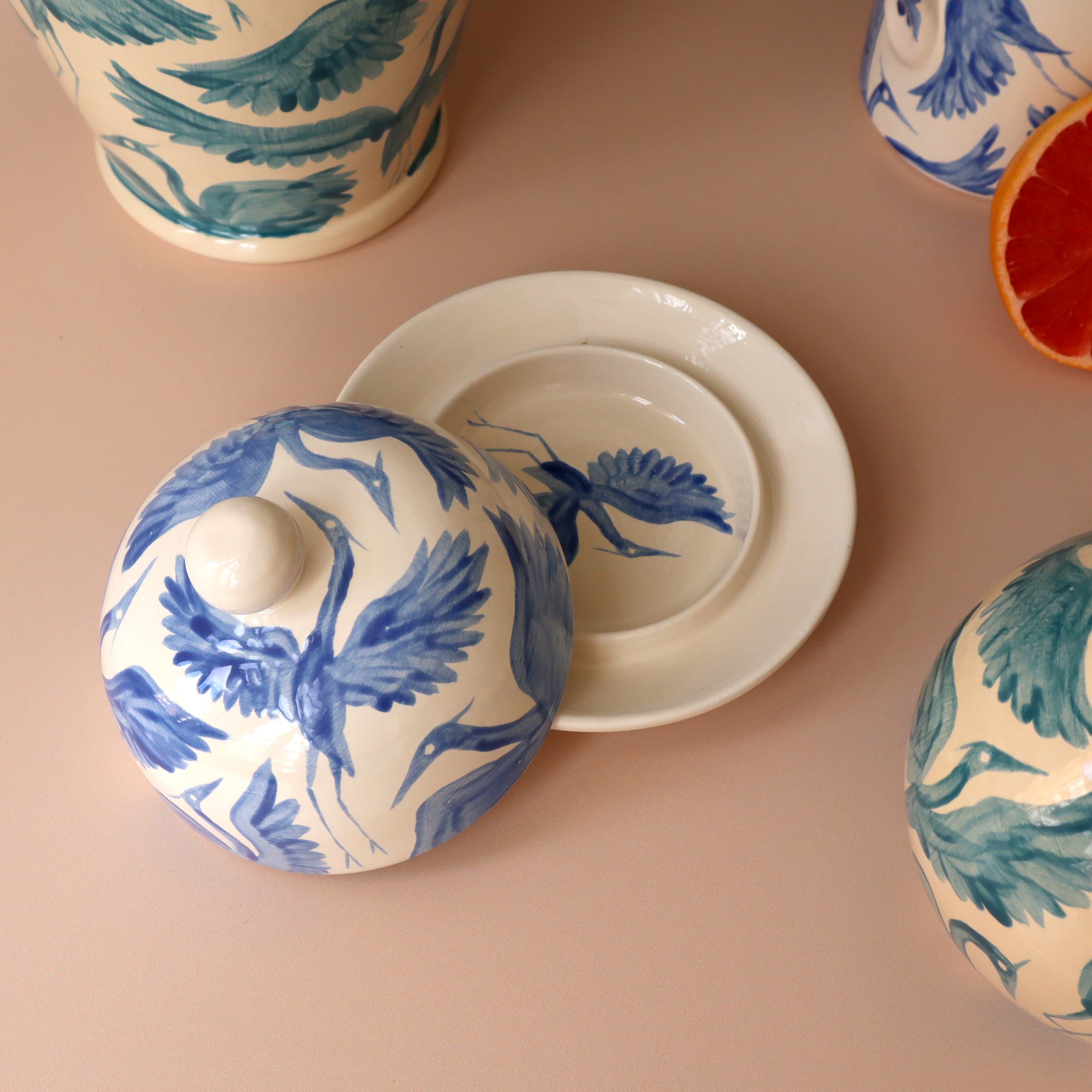 Herons Hand Painted Round Jam/ Butter Dish - Royal Blue