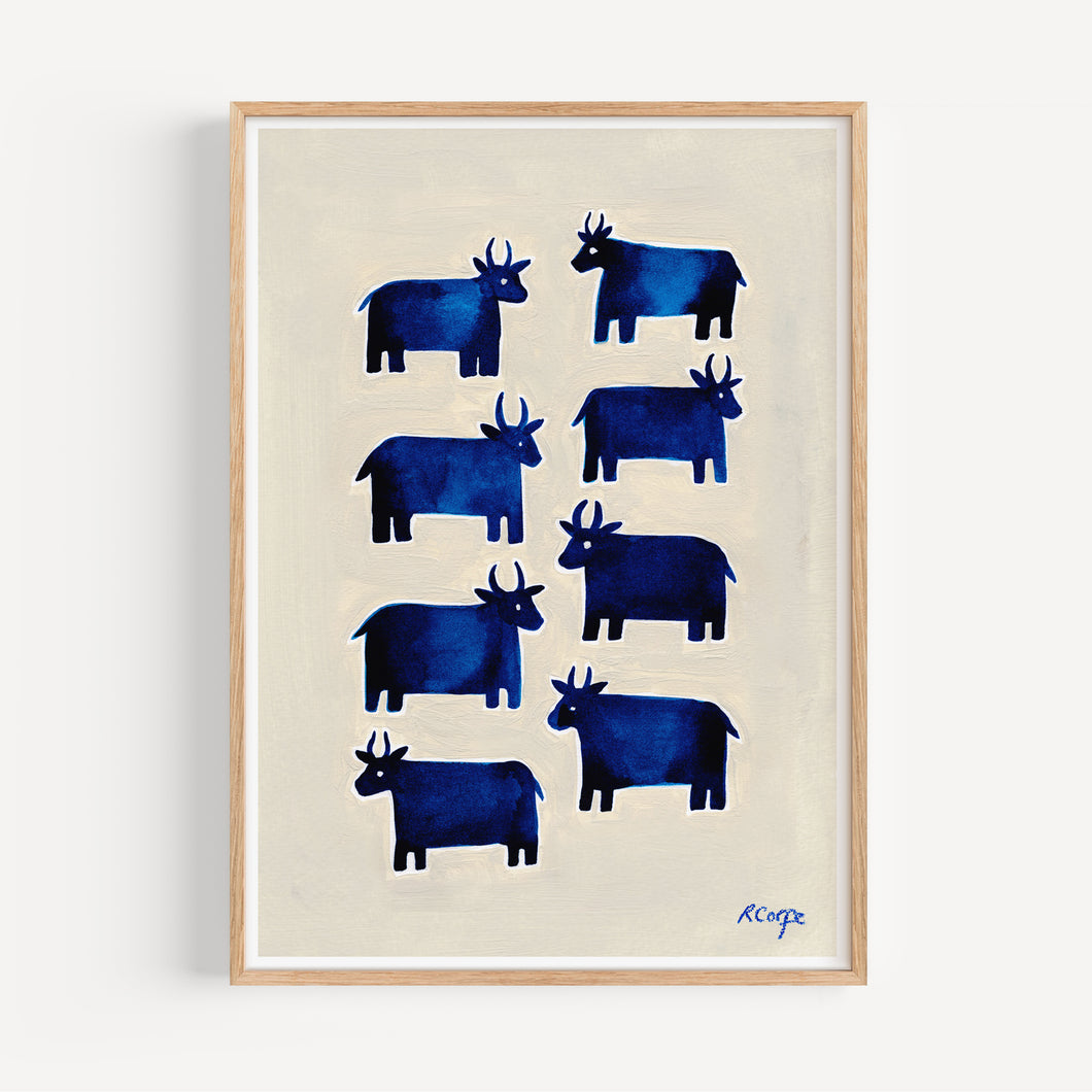 Seconds Sale: A3 Blue Cows Print