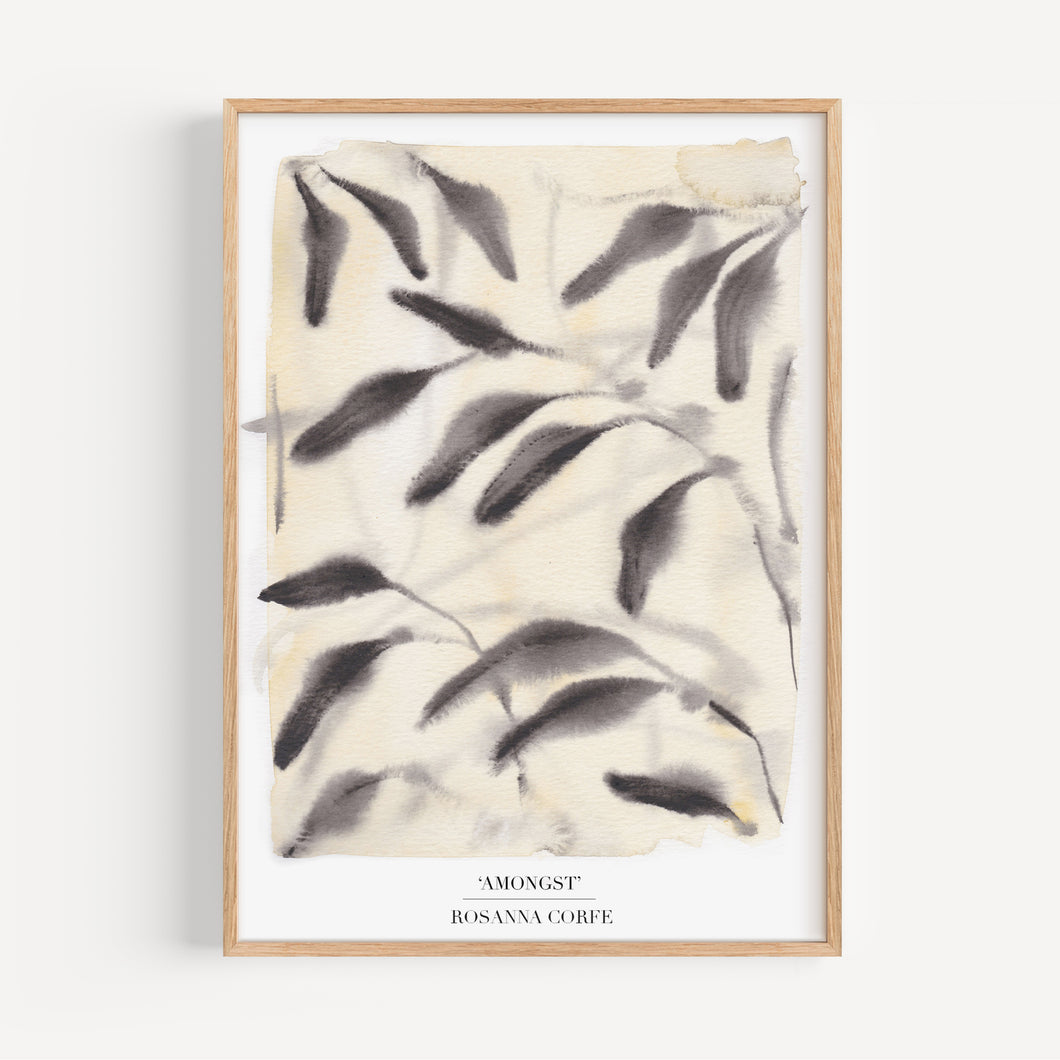 A4 - 'Amongst' Beige Yellow & Charcoal Grey Leaf Print