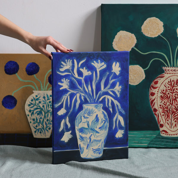 Blue Heron Vase - Original Canvas Painting