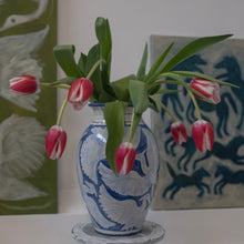 Load image into Gallery viewer, Large Hand Painted Herons Vase - Gingham Blue
