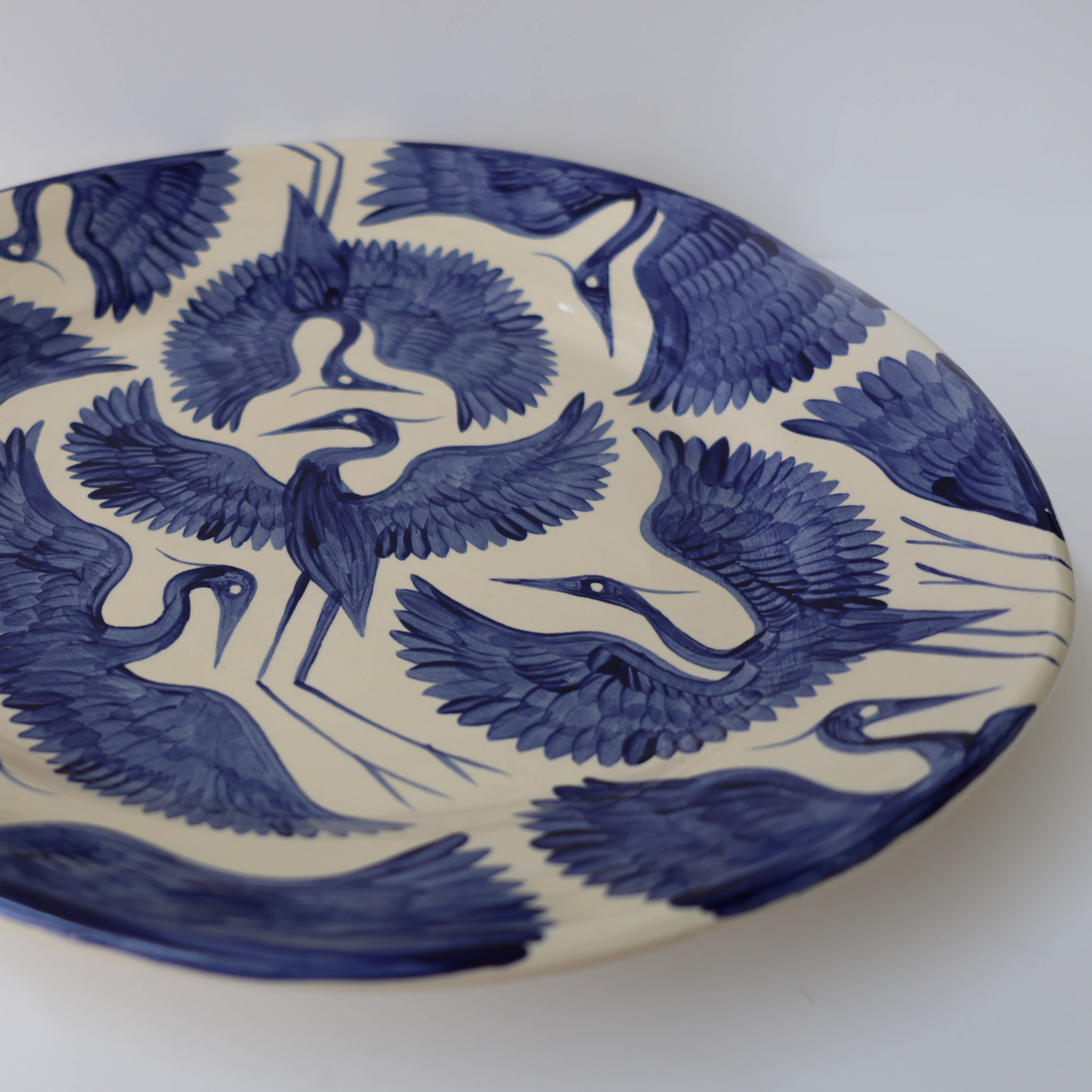 Hand Painted Herons Large Plate - Deep Blue