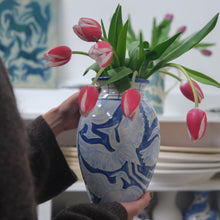 Load image into Gallery viewer, Large Hand Painted Herons Vase - Gingham Blue
