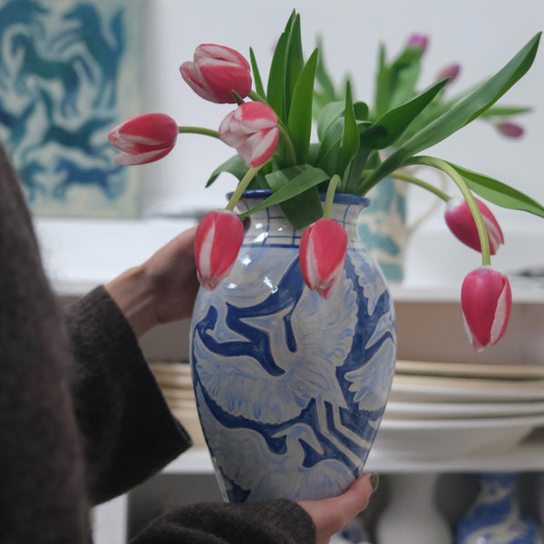 Large Hand Painted Herons Vase - Gingham Blue