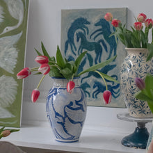 Load image into Gallery viewer, Large Hand Painted Herons Vase - Gingham Blue
