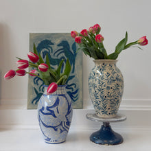 Load image into Gallery viewer, Large Hand Painted Herons Vase - Gingham Blue
