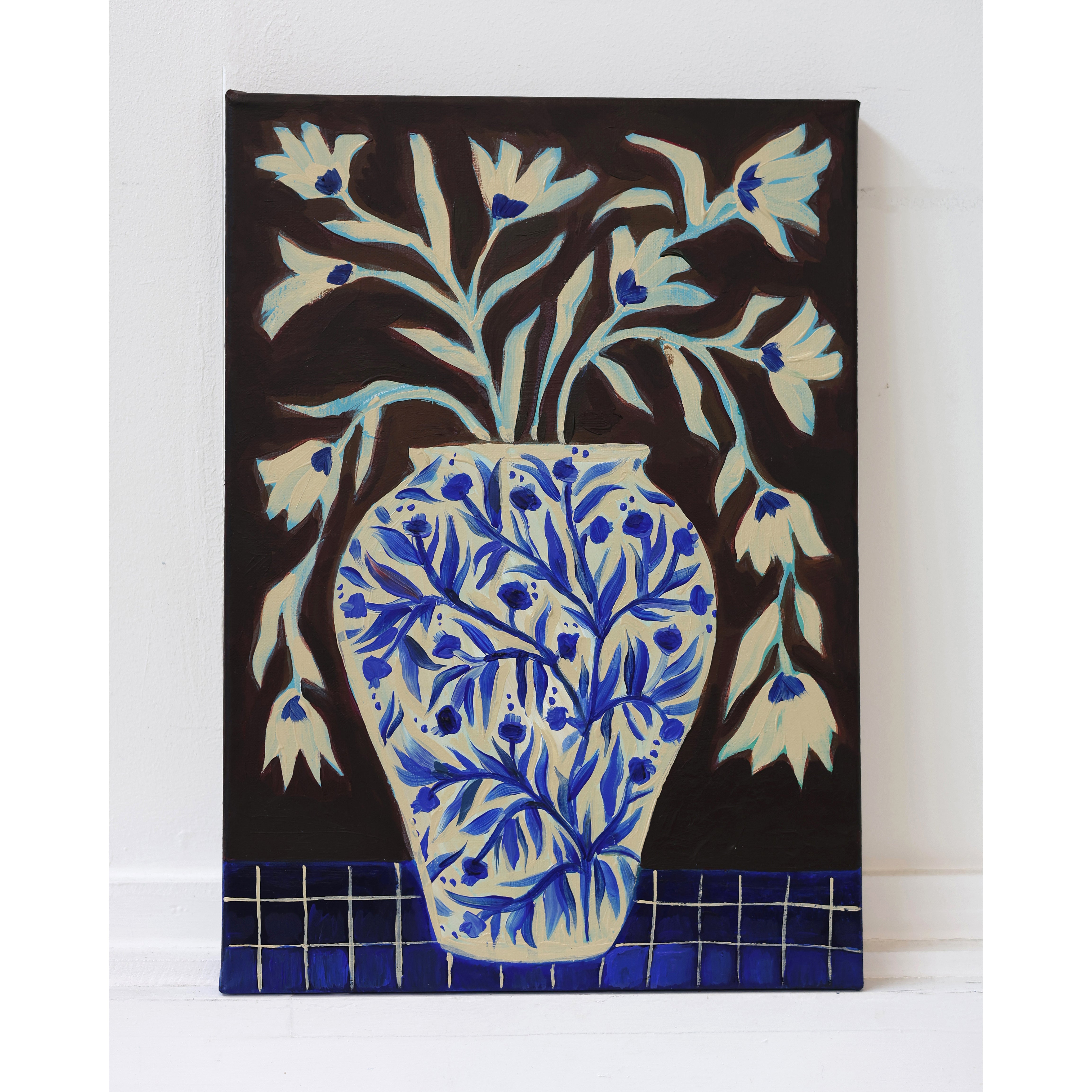 Blue Pomegranate Vase - Original Canvas Painting