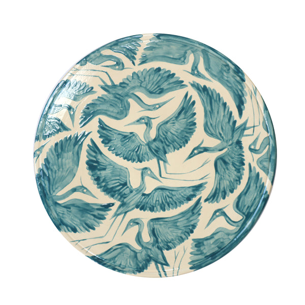 Herons Hand Painted Cake Plate Pedestal Stand - Teal
