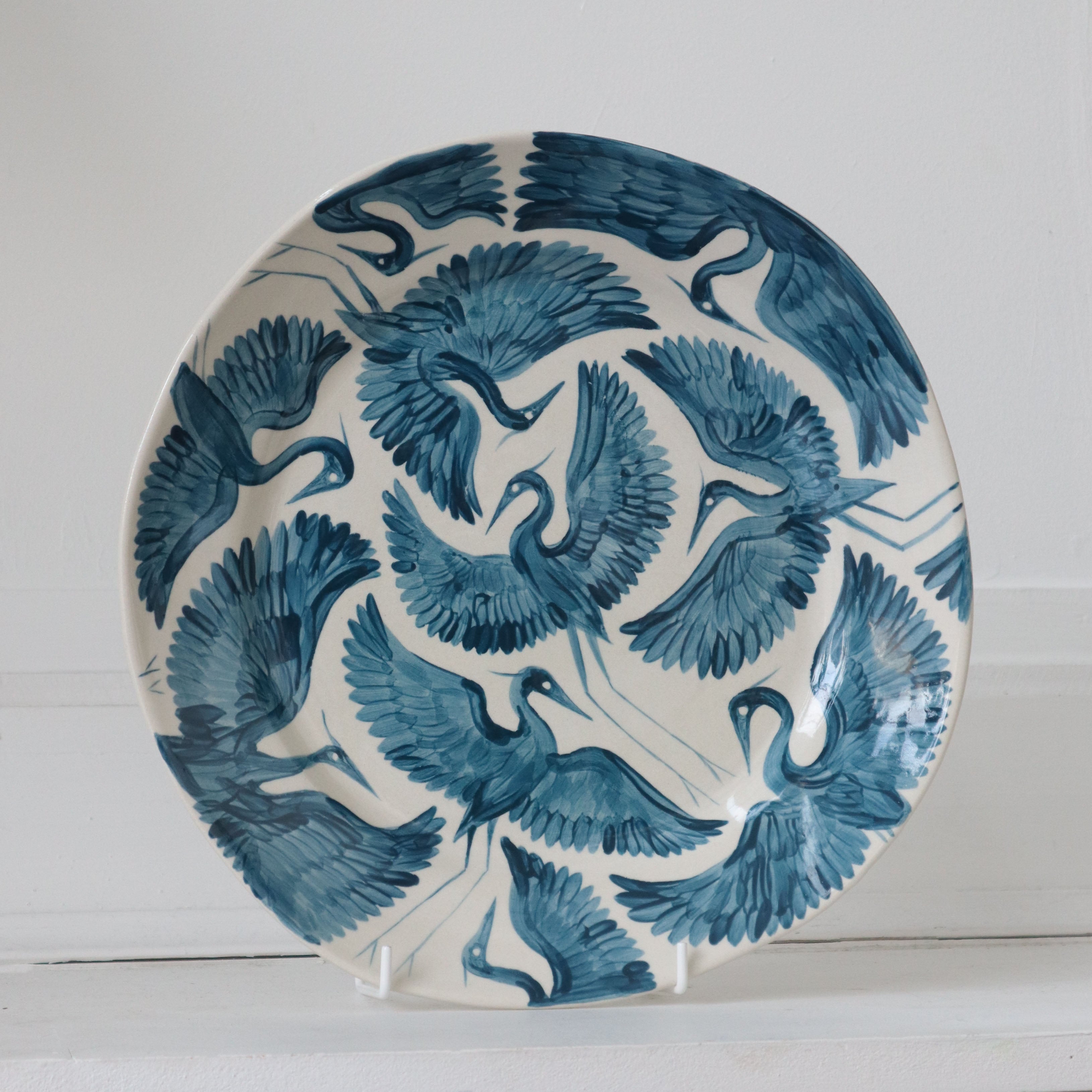 Hand Painted Herons Large Plate - Deep Teal