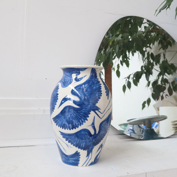 Large Hand Painted Herons Vase - Deep Blue