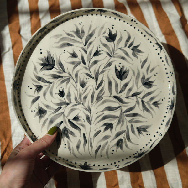 Hand Painted Black Tulips Stoneware Plate