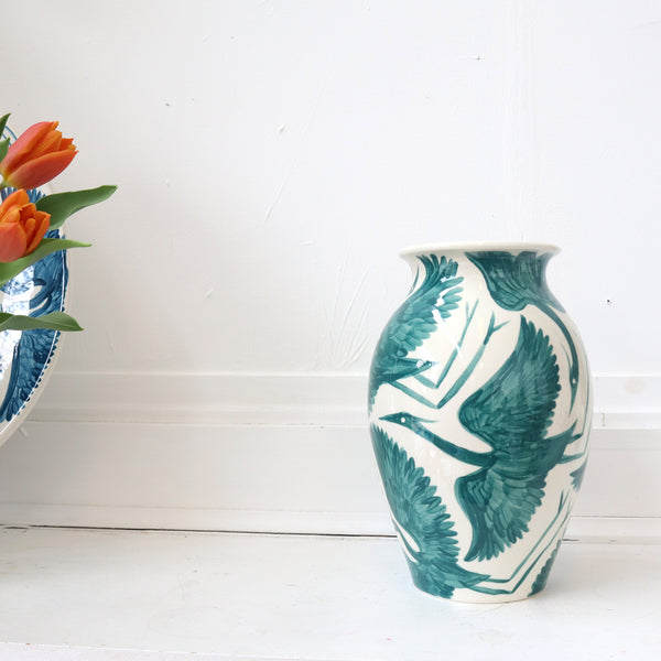 NEW: Large Hand Painted Herons Classic Vase - Forest Green