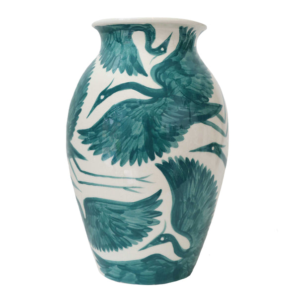 NEW: Large Hand Painted Herons Classic Vase - Forest Green