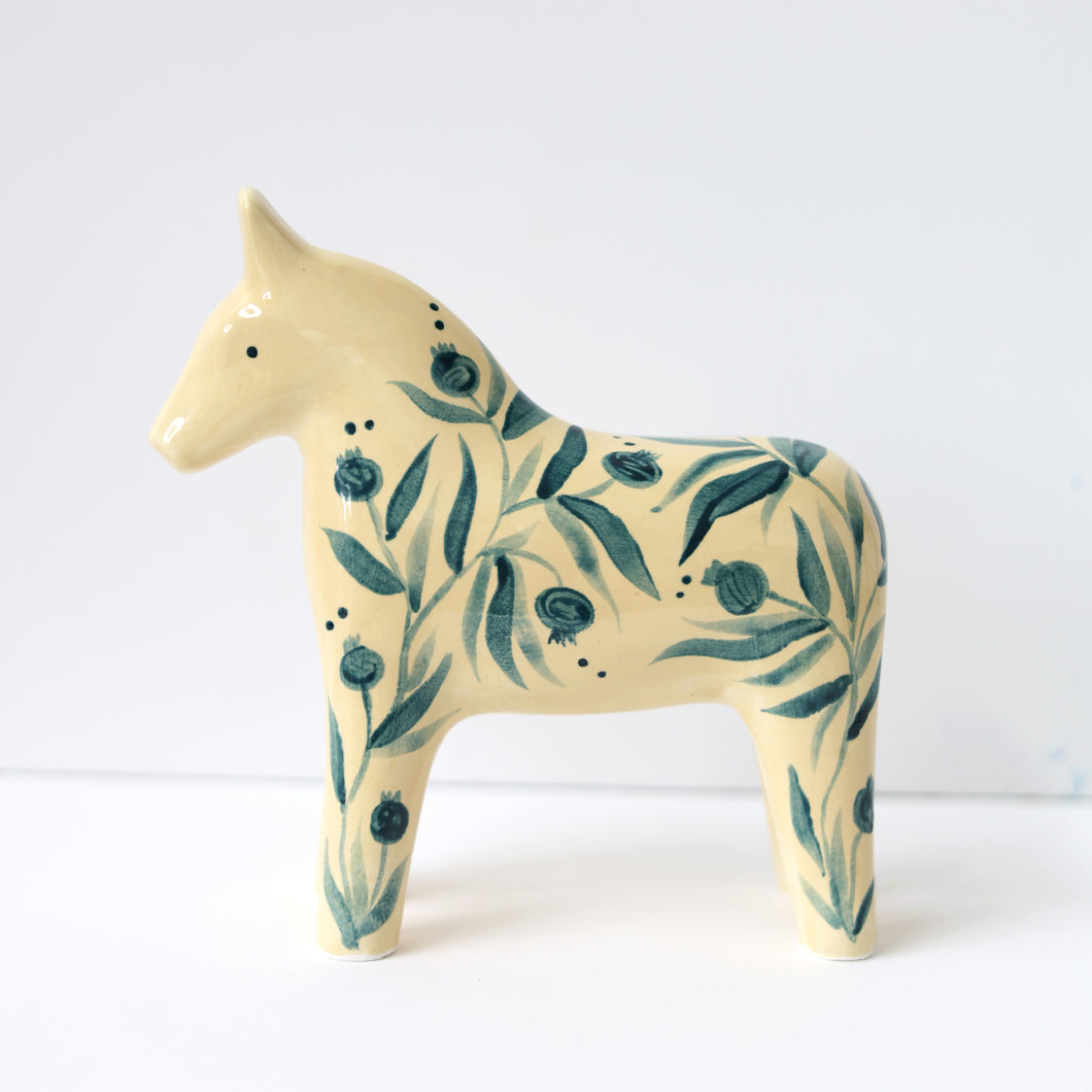 Hand Painted Ceramic Dala Horse - Green Pomegranates