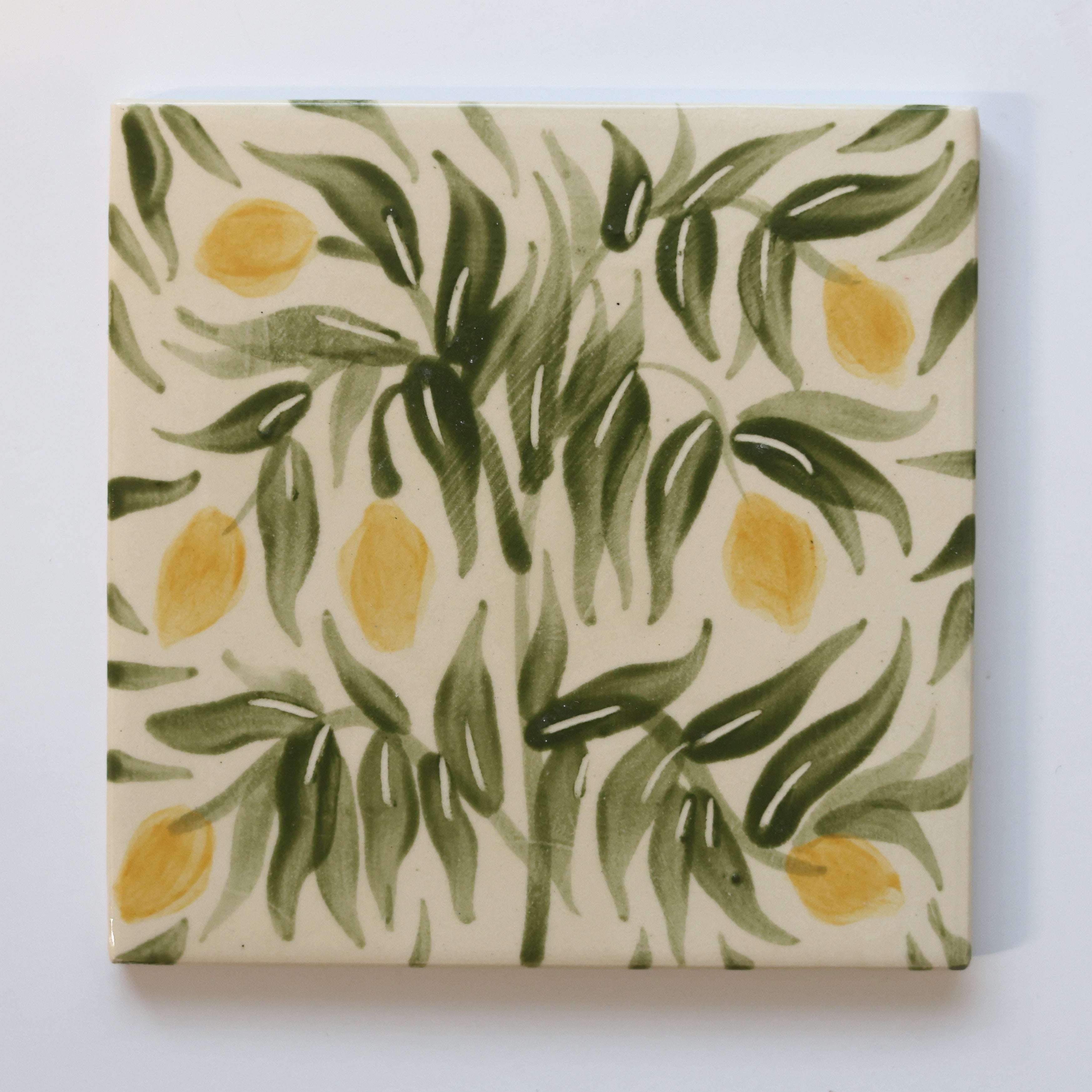 One-of-a-Kind Hand-Painted Ceramic Tiles - Green & Yellow