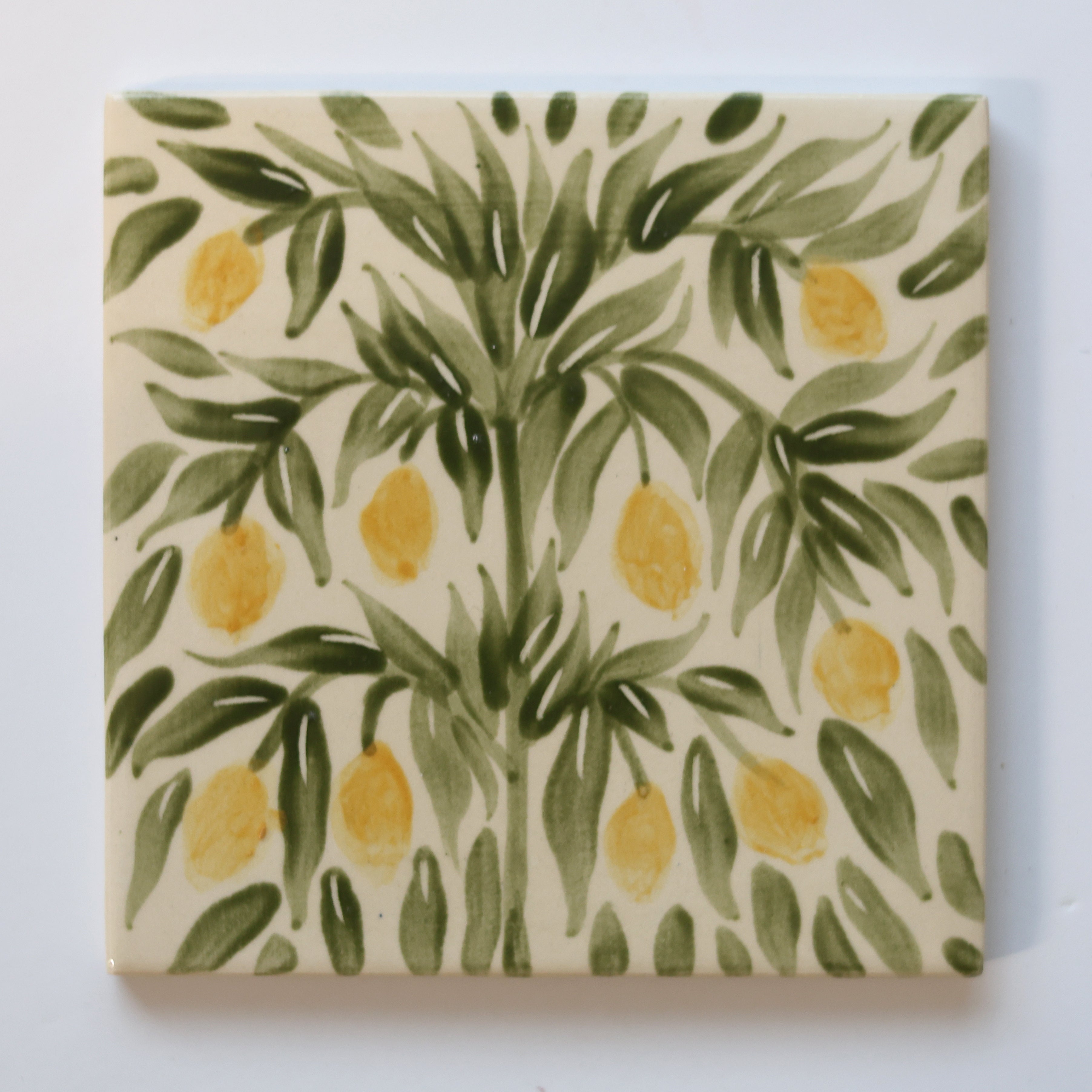 One-of-a-Kind Hand-Painted Ceramic Tiles - Green & Yellow