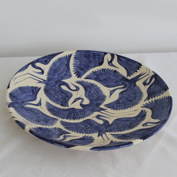 Hand Painted Xl Round Herons Round Platter - Deep Blue