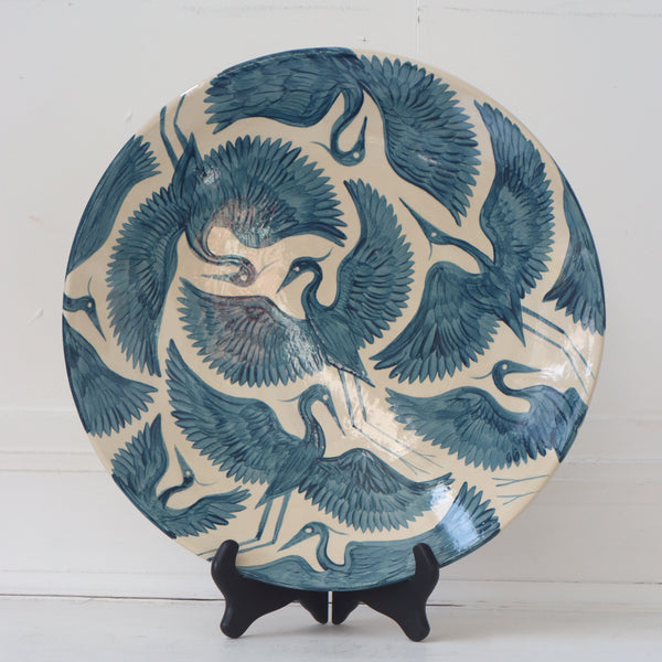Seconds Sale: Hand Painted Xl Round Herons Round Platter - Dark Teal