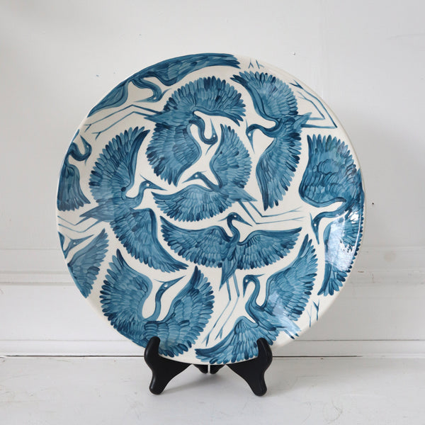 Hand Painted Xl Round Herons Round Platter - Dark Teal