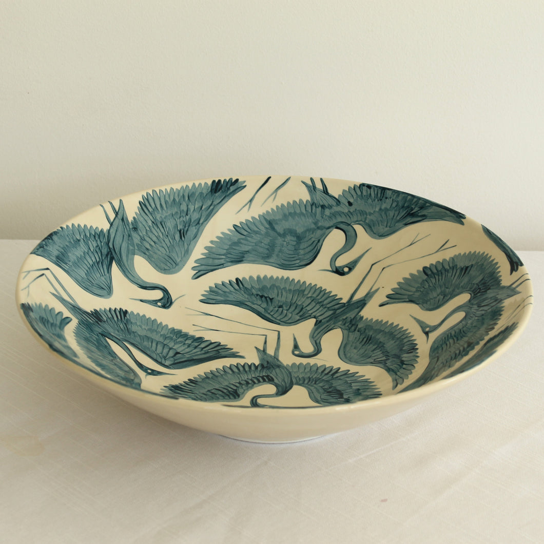 Hand Painted Herons Large Serving Bowl - Dark Teal
