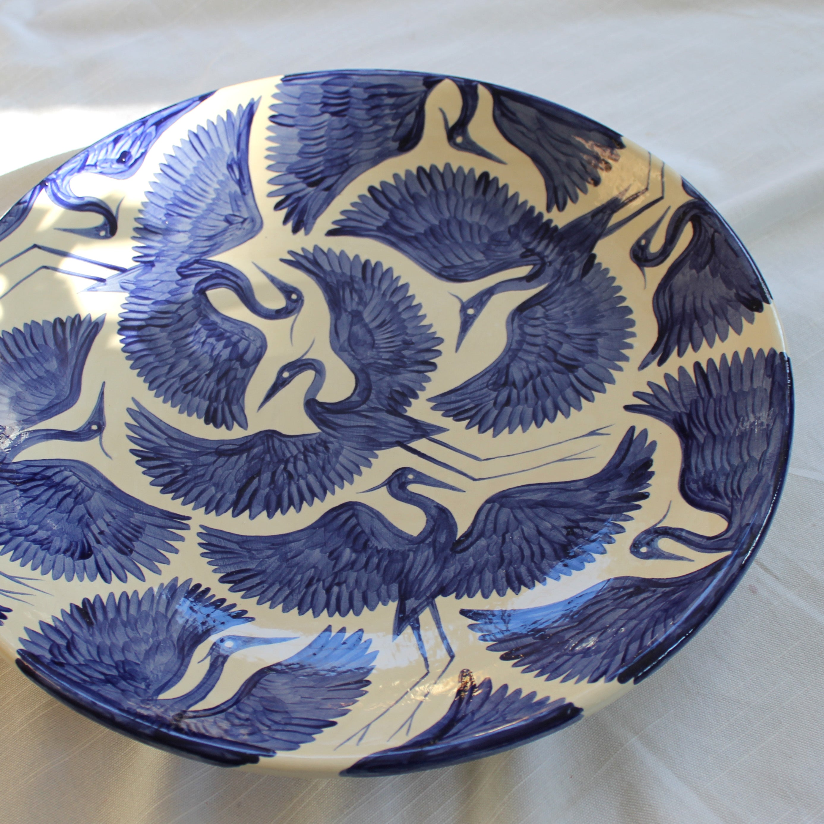 Hand Painted Xl Round Herons Round Platter - Deep Blue