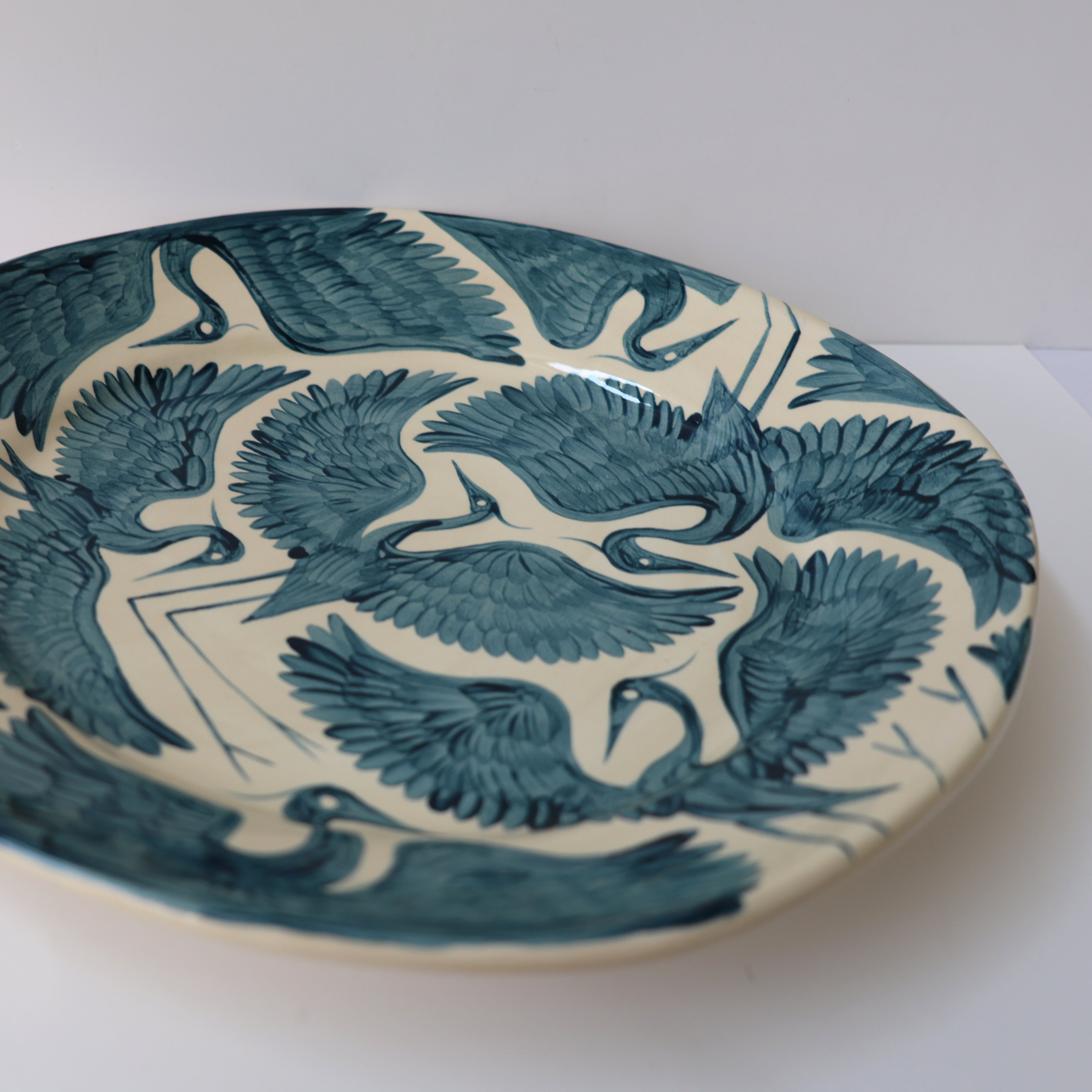 Hand Painted Herons Large Plate - Deep Teal