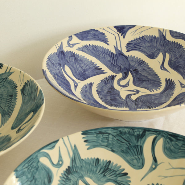 Hand Painted Herons Large Serving Bowl - Deep Blue