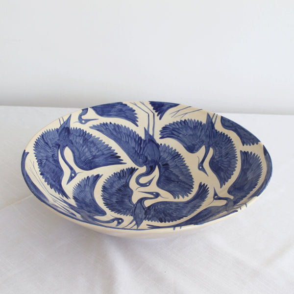 Hand Painted Herons Large Serving Bowl - Deep Blue