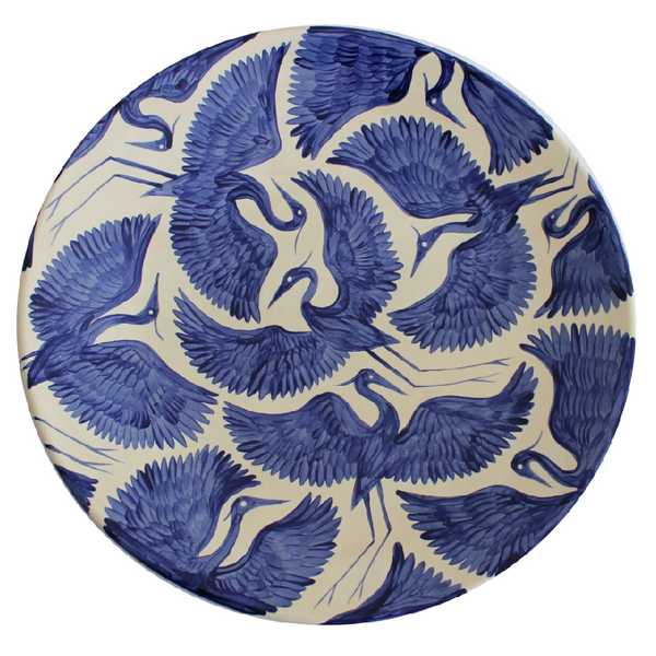 Hand Painted Xl Round Herons Round Platter - Deep Blue