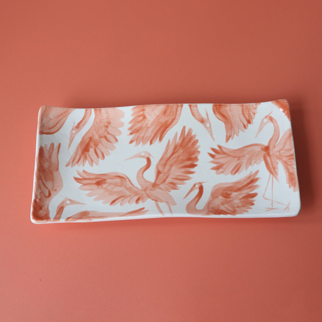 Long Hand Painted Heron Trinket Dish - Coral