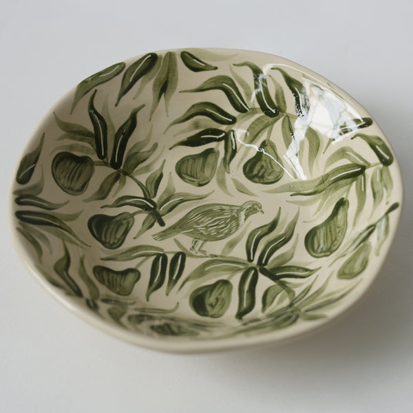 Partridge in a Pear Tree Hand Painted Sgraffito Bowl - Green