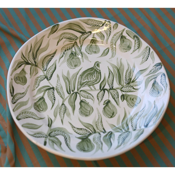 Partridge in a Pear Tree Hand-Painted Large Sgraffito Plate - Green